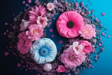 Yin yang symbol in blue and pink with flowers. Generative AI