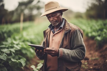 Portrait of smiling afro american farmer using smartphone and tractor at harvesting. Modern agriculture with technology and machinery concept.