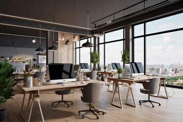 Modern co-working office with computer mock-ups, city view, and modern furniture. Workplace and design concept. 3D render. Generative AI