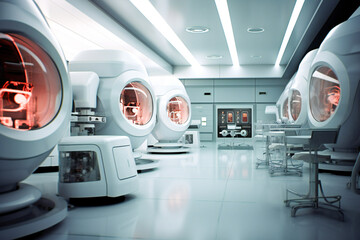 Smooth clean white and red futuristic interior, science fiction lab or space ship. Created with Generative AI technology.
