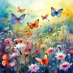 A lot of Whimsical Butterflies with A field of wildflowers background. Beautiful Whimsical Butterflies watercolor Style. Colorful flowers and butterflies on a wildflowers background, Generative AI
