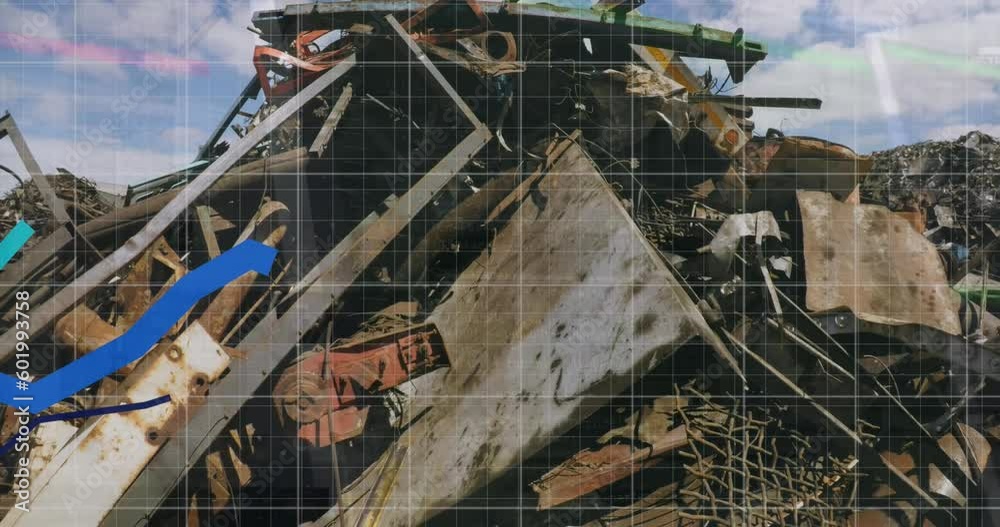 Poster animation of statistical data processing over grid network against view of junkyard