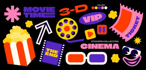 Collection of movie stickers, labels, tags, patches, bracelet stamps. popcorn, film, cinema. Funky groovy hipster stickers in 90s style. Vector set, trendy promo labels