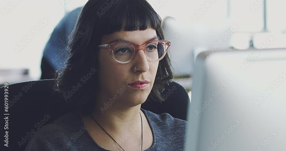 Aufkleber Face, research or programmer woman on computer for cybersecurity, coding or data analysis in office. Hacker, developer or employee on tech for software code, programming or startup analytics review.