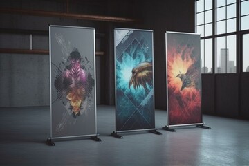 Three empty banner stands. 3D rendering of mockup templates. Generative AI