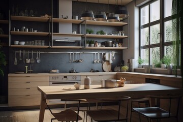 Contemporary kitchen with complete furnishings. Generative AI