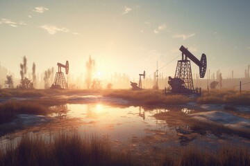 Fototapeta na wymiar Illustration of oil wells in landscape. Generative AI