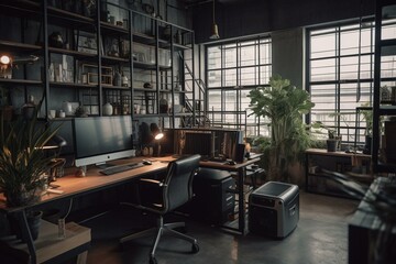 Sophisticated office space furnished with industrial decor. Generative AI
