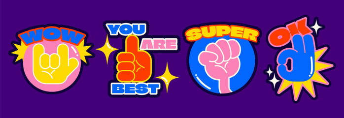 Cartoon hand drawn abstract comic. Set of multicolored hand signs and symbols. Stickers in retro style. Vector illustration