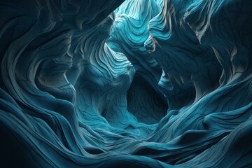 A cave in 3D with blue and turquoise undulations. Generative AI
