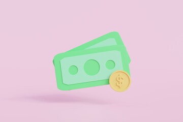 Banknotes and dollar coin on isolate pink background.Money Saving icon concept.Symbol of investment,savings and business.money management.Saving and money growth concept.3D render,Illustration.