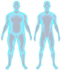 3D illustration featuring a slender man, contrasting with his overweight and muscle-less self, frontal view.