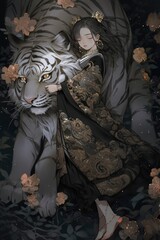 Fantasy book cover of a woman in a kimono stands next to a tiger.