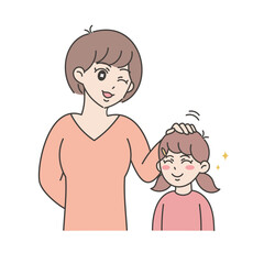 お母さんに頭を撫でてもらう女の子のイラスト	