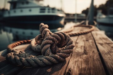 An aged sea anchor and knotted rope on a pier, depicting nautical ship culture and ocean port symbols. Generative AI