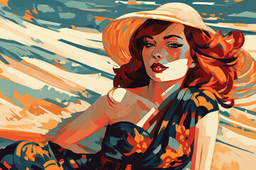 Illustration of a woman enjoying summer while wearing a stylish hat. Digital art vector style. Generative AI