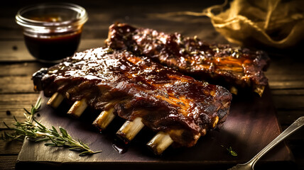 Closeup of pork ribs grilled with BBQ sauce and caramelized in honey on a wooden Board for filing on dark concrete background