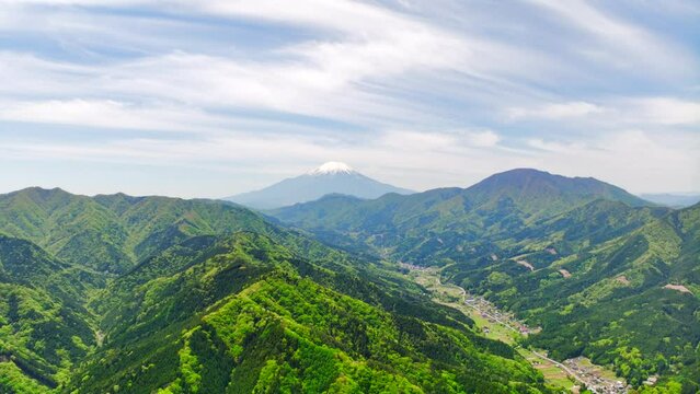 山梨県道志村の美しい新緑と富士山の空撮