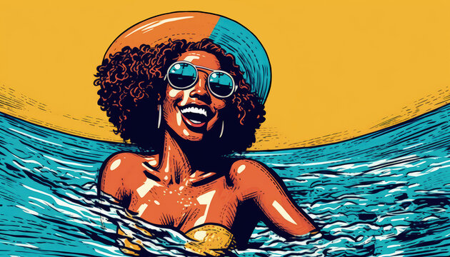 Illustration of a woman wearing a large sun hat while floating in the ocean. Digital art vector style. Generative AI
