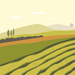 Agricultural landscape, farming concept. Vector illustration earthy natural colors modern flat style. lands, fields, hills