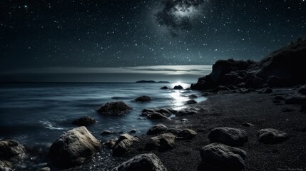 美しい星空と月の光で輝く海：AI作品
