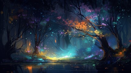 七色に輝く夜の森：AI作品
