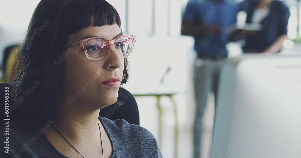 Aufkleber Computer, research programmer face or woman for cybersecurity, app coding or data analysis in office. Hacker, developer or employee on tech for software code, programming or startup analytics review.