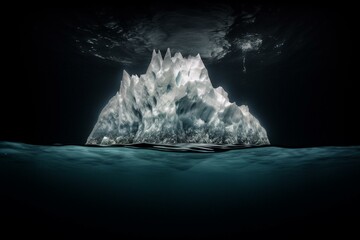Iceberg in ocean, visible tip & submerged part, top smaller than bottom. Generative AI
