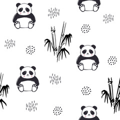 Seamless pattern from a set of children's primitive drawings of pandas and bamboo. Cute design with a black outline in a flat style on a white background.