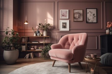 Beautiful pink living room with cozy armchair. Generative AI