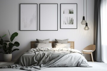 3D rendered mockup frame in bedroom with Scandinavian interior decor. Generative AI