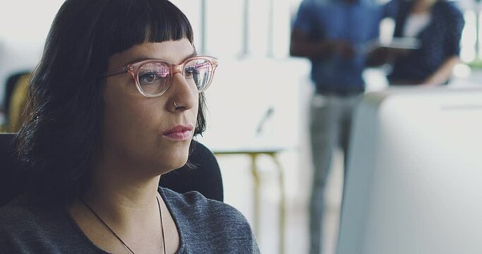 Computer, research programmer face or woman for cybersecurity, app coding or data analysis in office. Hacker, developer or employee on tech for software code, programming or startup analytics review.