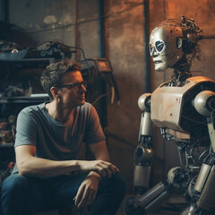 Fototapeta na wymiar man talking with robot in garage generative ai