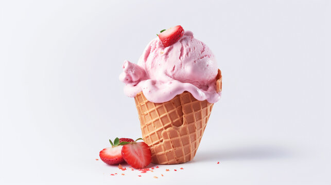 Leckeres Erdbeeren Speiseeis, Eiscreme in einer Waffel vor weissem Hintergrund, generative KI