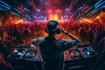 DJs play big sets, on-site, at festivals, bright laser lights hit the crowd, built with .Generative ai