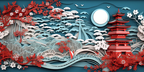 Japan landmark paper cut with blue background , travel, tourism concept, generative ai