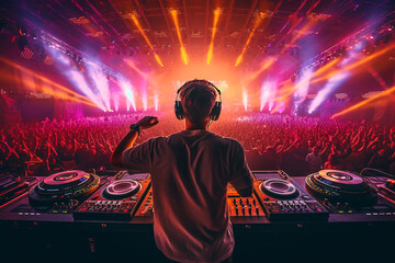 DJs play big sets, on-site, at festivals, bright laser lights hit the crowd, built with .Generative ai