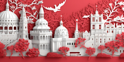Aesthetic Germany landmark paper cut with red background, travel, tourism concept, generative ai