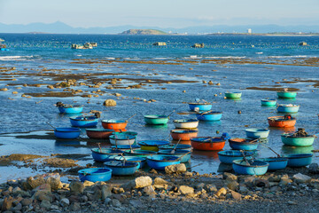 Hon Yen seascape with many bamboo basket boat in Phu Yen, Vietnam