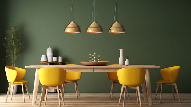 Interior design of modern dining room, wooden table and yellow chairs against green wall with sideboard, 3d rendering