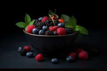 Bowl of mixed berries on table with leaves, stem, and black background. Generative AI