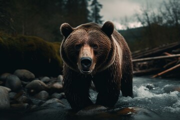 Naklejka na ściany i meble Close encounter with a grizzly in North American wilderness near a river. Generative AI