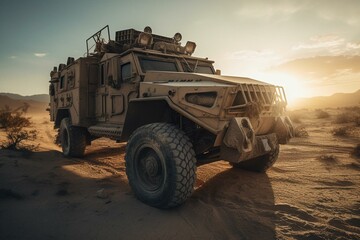 Chase in post-apocalyptic desert with armored car. Generative AI