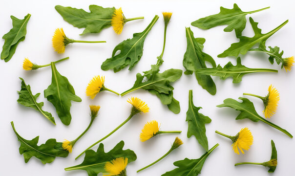 Dandelion greens on a white background, Generative AI