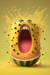 Cartoon smiling, crazy watermelon with splash liquid juice on yellow background, fruit selection characters AI Generative
