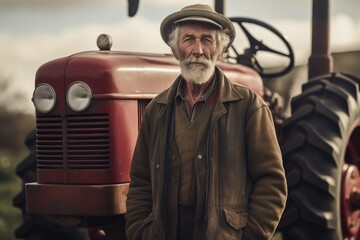 Farmer standing in front of his red tractor. Ai generative.