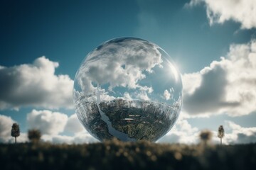 Half globe with friendly white-blue cloudy sky, isolated. Generative AI