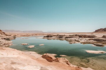 Fototapeta na wymiar A scenic salt lake in Ras Mohamed national park, located at the southern end of the Sinai Peninsula in Egypt. A peaceful desert travel destination. Generative AI