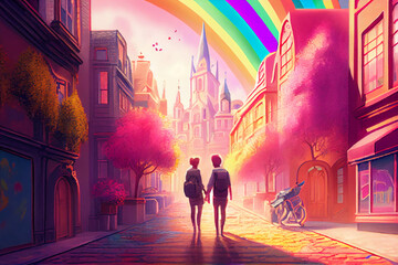 A vibrant and lively illustration of a couple walking through a colorful city with a rainbow in the background, generative ai