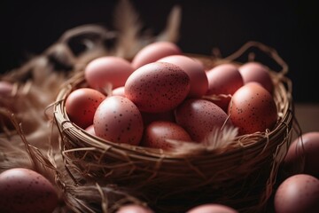 Up-close Easter pink chicken eggs. Generative AI